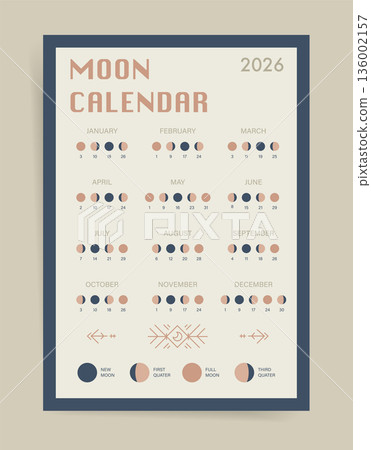 Modern graphic 2026 moon calendar with decorative symbols. Minimal lunar calendar poster showing moon phases and cycle guide for astrology and astronomy use. Modern graphic 2026 moon calendar with decorative symbols. Minimal lunar calendar poster showing moon phases and cycle guide for astrology and astronomy use. 136002157