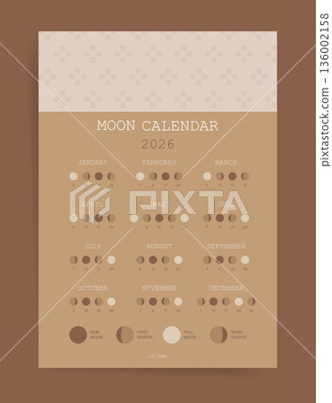 Minimal 2026 moon calendar poster in warm earthy tones. One page lunar calendar with moon phases and cycle guide for astrology and astronomy practice. Minimal 2026 moon calendar poster in warm earthy tones. One page lunar calendar with moon phases and cycle guide for astrology and astronomy practice. 136002158