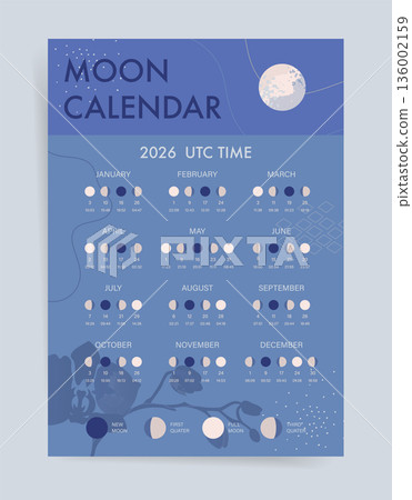 Blue 2026 moon calendar with lunar phases and UTC time. One page modern lunar calendar poster for astronomy science, astrology practice and moon cycle reference. 136002159