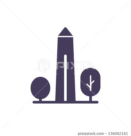 Washington Monument Icon, Obelisk Landmark with Trees, Solid Glyph Vector Symbol for USA History, Memorial, Patriotism and Tourism. 136002181