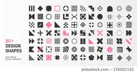 Geometric icon shapes vector set. Abstract symbols collection in minimal black and white with pink accents. Modern Asian Design Elements for branding, logo, pattern 136002192
