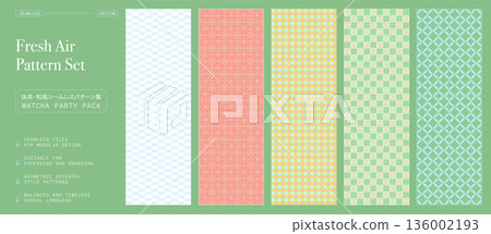 Japanese seamless geometric pattern collection with grid, circle lattice and gingham checks, pastel oriental tile textures for modern wallpaper, textile, packaging vector design Japanese seamless geometric pattern collection with grid, circle lattice and gingham checks, pastel oriental tile textures for modern wallpaper, textile, packaging vector design 136002193