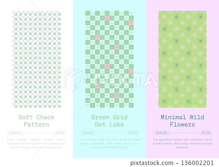 Soft check and minimal flower seamless pattern collection, pastel gingham grid with dots and daisy floral repeats for cute modern background, wallpaper, textile, wrapping 136002201