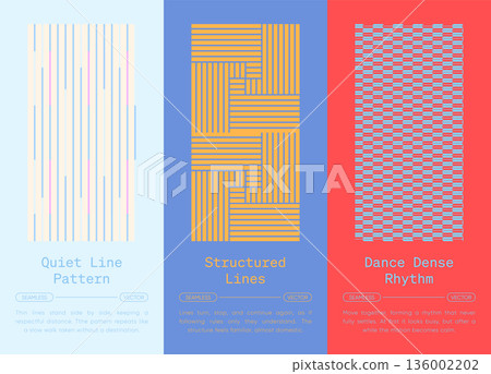Minimal line and woven stripe seamless pattern collection, structured linear repeats and dense rhythm textures for modern abstract background, wallpaper, textile, packaging 136002202