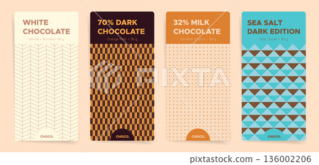 Minimal chocolate bar packaging design set with vanilla, almond, orange peel, caramel crunch, and sea salt edition. Retro geometric wrapper templates with seamless texture motif 136002206