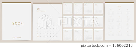 2027 Calendar template design in beige minimal style. Week starts on Sunday. Elegant wall and desk planner. English vector monthly pages and yearly overview layout. 136002213