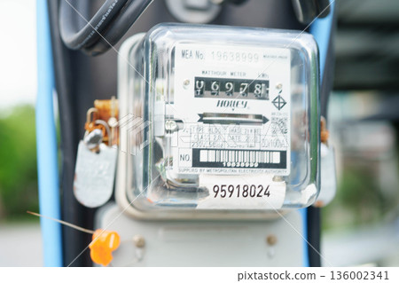 Bangkok, Thailand April 7, 2025 Electric measuring power meter for energy cost at home and office. 136002341