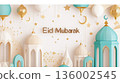 Celebrate Eid with a stunning contemporary banner featuring elegant mosque domes and lanterns in pastel colors 136002545