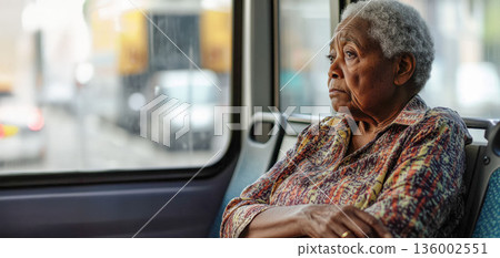 An elderly African American woman sits alone on a nearly empty bus, gazing out at the blurred cityscape. Her distant expression signifies deep reflection and solitude, emphasizing themes of aging An elderly African American woman sits alone on a nearly empty bus, gazing out at the blurred cityscape. Her distant expression signifies deep reflection and solitude, emphasizing themes of aging 136002551