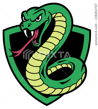 Green Snake with Shield Emblem Cartoon Illustration 136002787