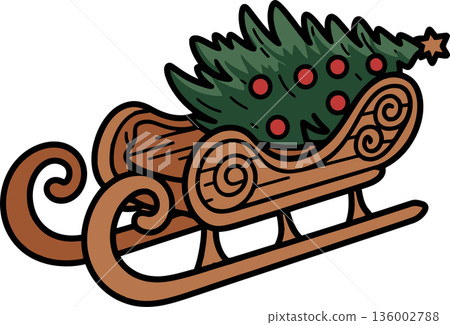 Decorated Christmas Tree on Wooden Sleigh 136002788