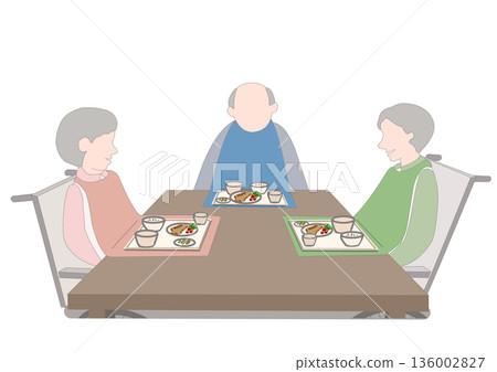 Color illustration of an elderly person in a nursing home wearing a nursing apron and trying to eat 136002827