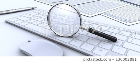 Magnifying glass, keyboard and business documents Magnifying glass, keyboard and business documents 136002881