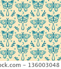 Cottage core seamless pattern with delicate moths. Rural folk graphic background inspired by nature, handmade and vintage charm. 136003048