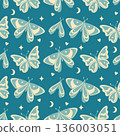 Mystery seamless pattern with lunar moths. Boho celestial art background inspired by night sky, moon symbols and mystical decor. 136003051