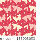 Coquette pink and scarlet seamless pattern with simple butterfly silhouettes. Cute spring background with soft romantic vibe. 136003053