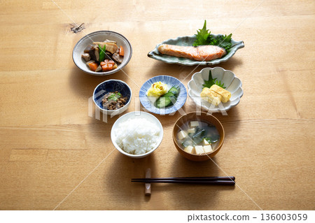 Japanese breakfast rice served at the table Japanese breakfast rice served at the table 136003059