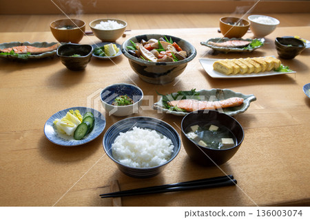 Japanese breakfast rice served at the table Japanese breakfast rice served at the table 136003074