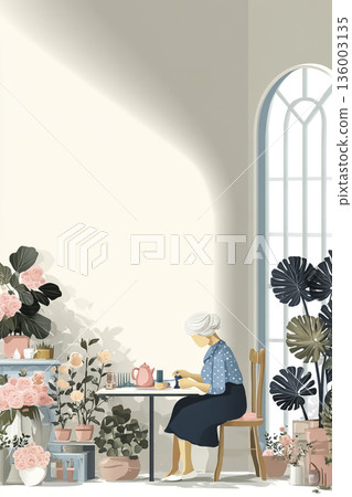 一位老婦人正在享受縫紉的樂趣 | 描繪了老年人在室內度過的寧靜生活 136003135