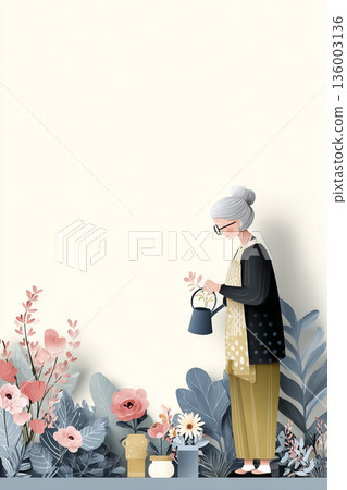 老婦人栽培花卉 | 剪紙風格插畫,展現細緻的生活方式與老年生活 老婦人栽培花卉 | 剪紙風格插畫,展現細緻的生活方式與老年生活 136003136
