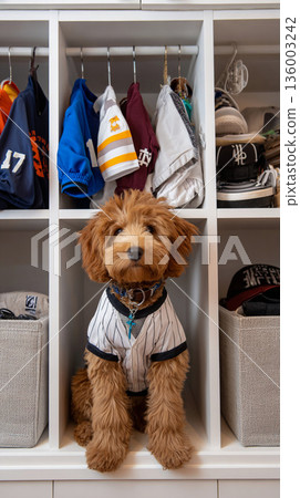 穿著衣服的狗坐在衣櫃裡 136003242