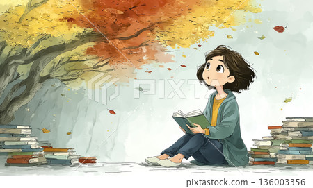 美優系列：秋日森林中讀書的少女 | 學習與想像的溫柔插畫 136003356