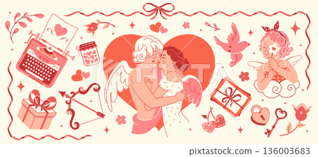 Large collection of vintage Valentine's Day clip art. Retro vector isolated stickers: tender angels - lovers, funny cupid, heart, typewriter, love letter, bows and flowers. Old romantic aesthetic 136003683