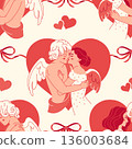 Vintage seamless pattern with kissing couple. Tender angels in love. Romantic background. Seamless design for wedding or anniversary 136003684