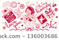 Romantic love mail. Angel, stamps, dove, typewriter, love message, hearts and decorations. Vintage vector hand drawn stickers. Limited palette, blush pink color clip art. 136003686