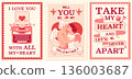 Valentine's day postcard collection. Retro greeting graphic with angel's kiss, old typewriter and love message. Blush pink poster or valentine. Vintage romantic couple hugging and kissing. 136003687
