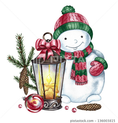 Christmas composition. A snowman with a vintage glowing lantern, a spruce branch with cones, and a Christmas ball. Hand-drawn watercolor illustration. For making postcards, posters, banners, and more. Christmas composition. A snowman with a vintage glowing lantern, a spruce branch with cones, and a Christmas ball. Hand-drawn watercolor illustration. For making postcards, posters, banners, and more. 136003815