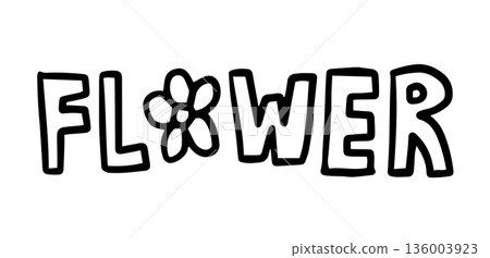 FLOWER letters outlines for cartoon font, typography, text, message, nature, garden, tree, plants, blossom, blooming, park, picnic, home yard, sticker, floral print, decoration, fabric, colouring book 136003923