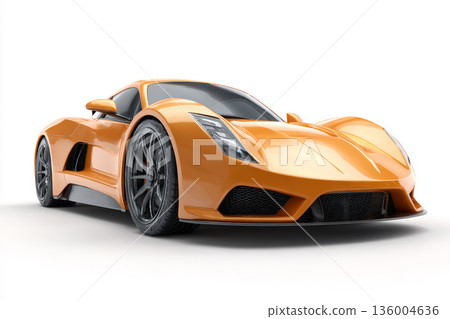 Orange sports car modern coupe luxury automobile fast vehicle low angle aerodynamic design black wheel glossy finish white background aggressive 136004636