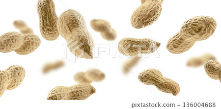 Peanuts in the shell levitate on a white background Peanuts in the shell levitate on a white background 136004688