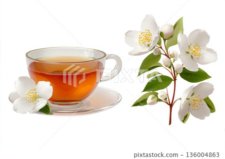 Transparent cup of herbal tea with white jasmine flowers and green leaves, evoking fresh and calming atmosphere 136004863