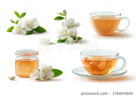 Jasmine flower herbal tea glass cup honey jar white blossom green leaf aromatic drink relaxation concept natural ingredient wellness ritual 136004889
