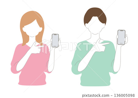 Woman pointing at smartphone Man Woman pointing at smartphone Man 136005098