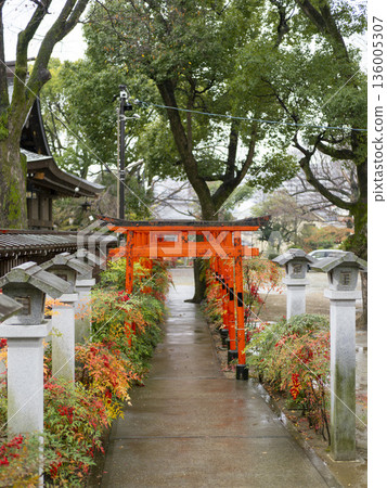 一座古老的神社大門和被雨水浸濕的道路 136005307
