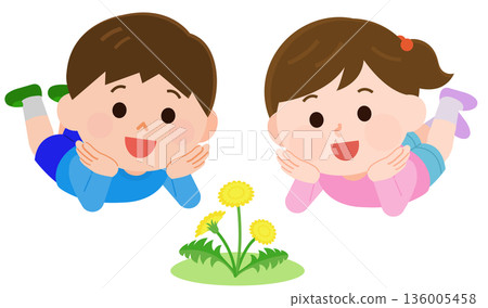Illustration of a boy and girl lying down and looking at dandelions 136005458