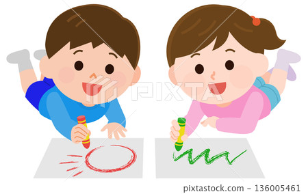 Illustration of a boy and girl drawing on drawing paper with crayons Illustration of a boy and girl drawing on drawing paper with crayons 136005461