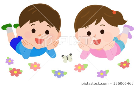 男孩和女孩躺在花田裡的插圖 男孩和女孩躺在花田裡的插圖 136005463