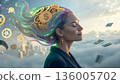 Surreal 3D Illustration of a Woman Manifesting Wealth with Currency Hair and a Holographic Gear Brain 136005702