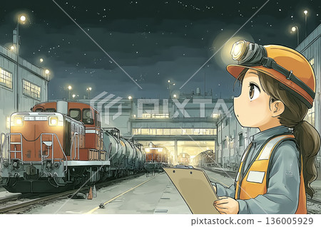 Female staff inspecting freight trains at a shunting yard at night | Illustration of railway logistics and safety management 136005929