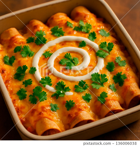 墨西哥辣味玉米餅卷，佐以酸奶油和香菜 136006038