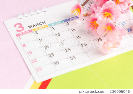 March calendar and peach blossoms 136006046