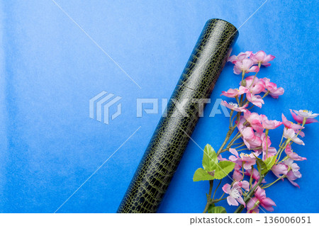 Graduation certificate tube and cherry blossoms on a blue background. Graduation ceremony. 136006051