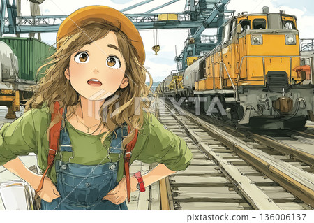 Female staff checking freight trains and containers | Illustration of logistics management and transportation work 136006137