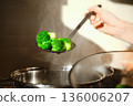 A person holds a slotted spoon with steamed broccoli above a pot in a kitchen 136006207