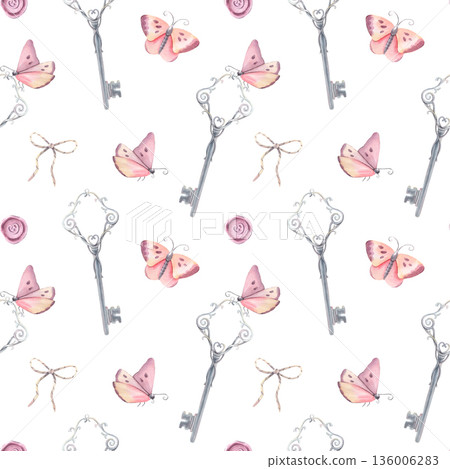 Seamless pattern, vintage metal key, bow, butterflies. Hand-painted watercolor illustration isolated on white for textile, packaging, stationery, wallpaper, branding, wedding design, romantic decor Seamless pattern, vintage metal key, bow, butterflies. Hand-painted watercolor illustration isolated on white for textile, packaging, stationery, wallpaper, branding, wedding design, romantic decor 136006283