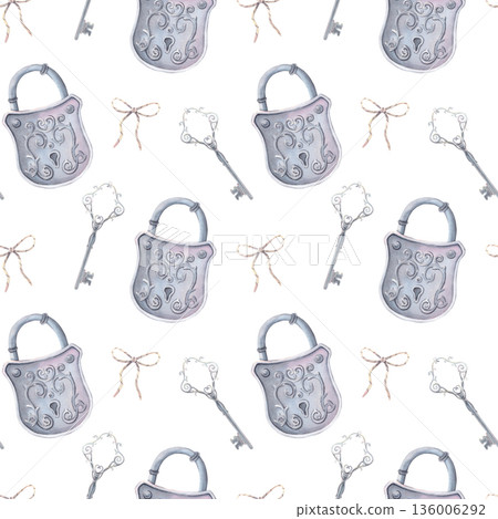 Seamless pattern, vintage metal padlock, key, bow. Hand-painted watercolor illustration isolated on white for textile, packaging, stationery, wallpaper, branding, wedding design, romantic decor Seamless pattern, vintage metal padlock, key, bow. Hand-painted watercolor illustration isolated on white for textile, packaging, stationery, wallpaper, branding, wedding design, romantic decor 136006292